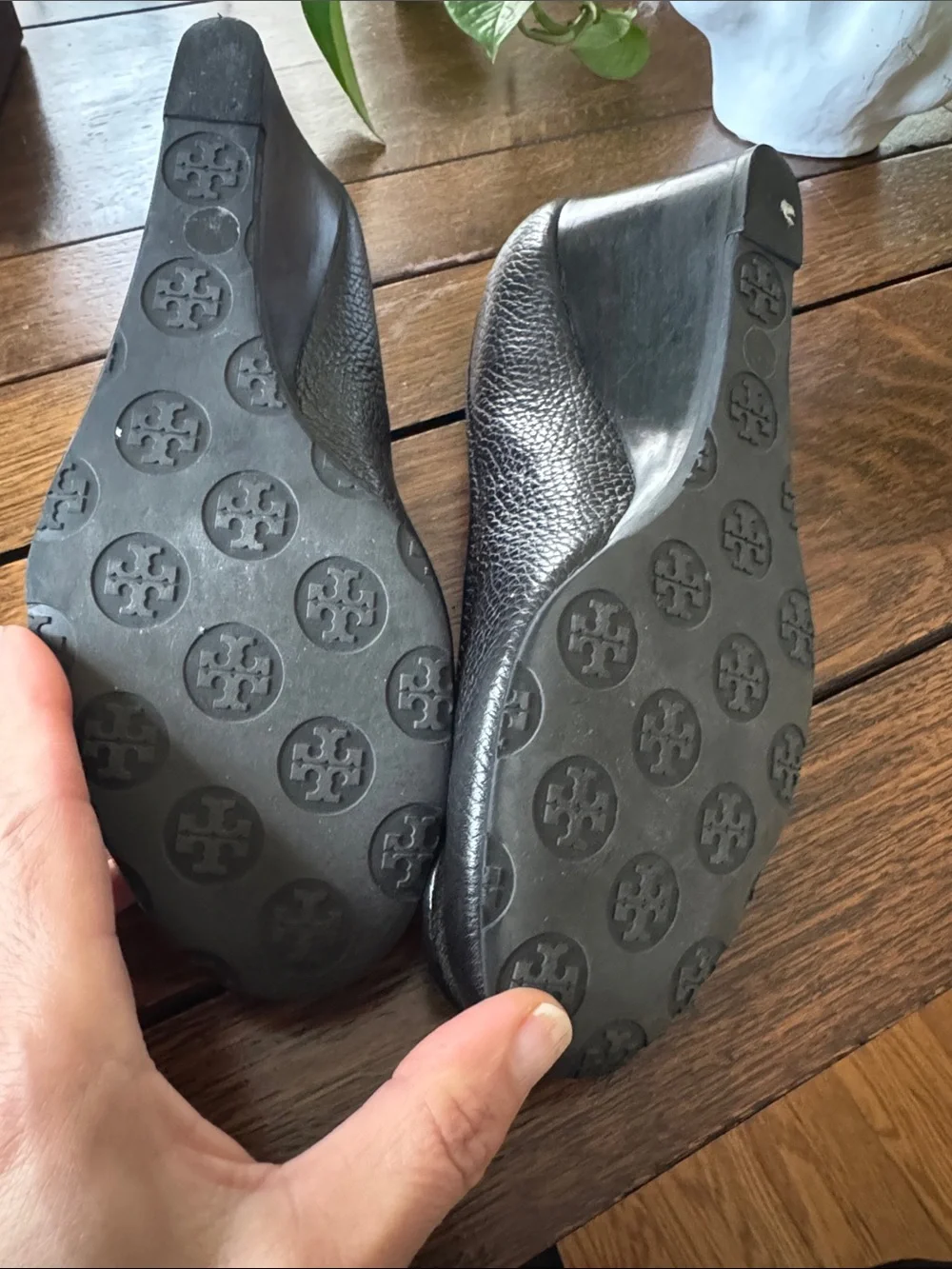 Tory Burch Black Leather Logo Wedge Pumps